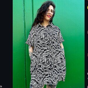 Nooworks Black and White ZigZag Linen Shirt Dress GUC 2X DESIGNER ABSTRACT